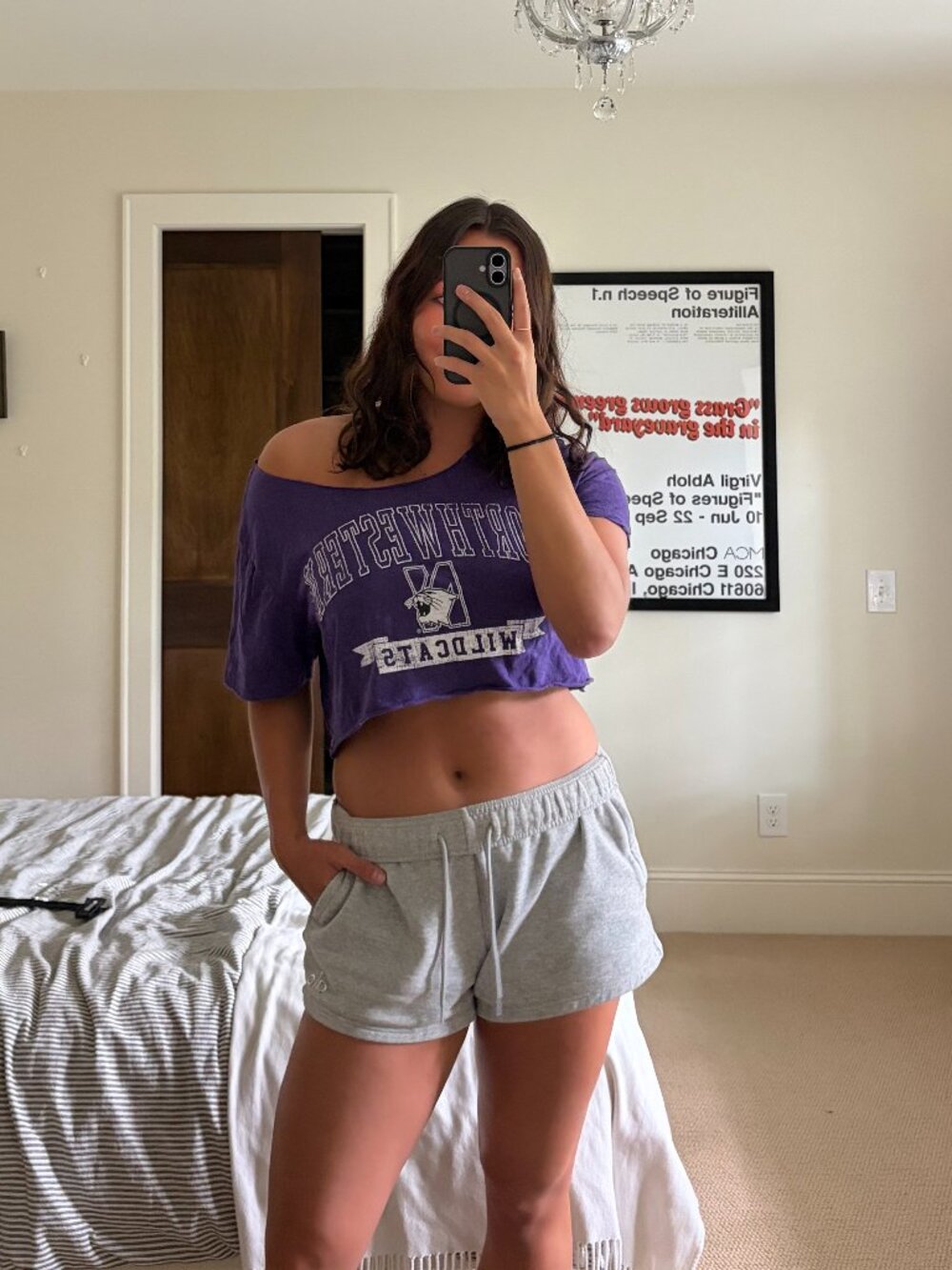 Northwestern Purple Cropped Off-the-Shoulder Top